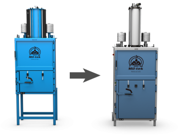 Two balers with an arrow from the old model on the left to the new model on the right, showing the upgrade