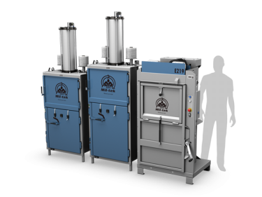 shadow man ready to service two blue balers and one grey