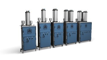 five blue cardboard recycling machines on a row with white background