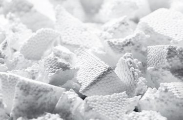 Pieces of expanded polystyrene prepared for recycling