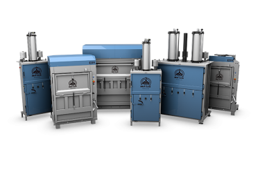 different models of vertical balers on line with white background